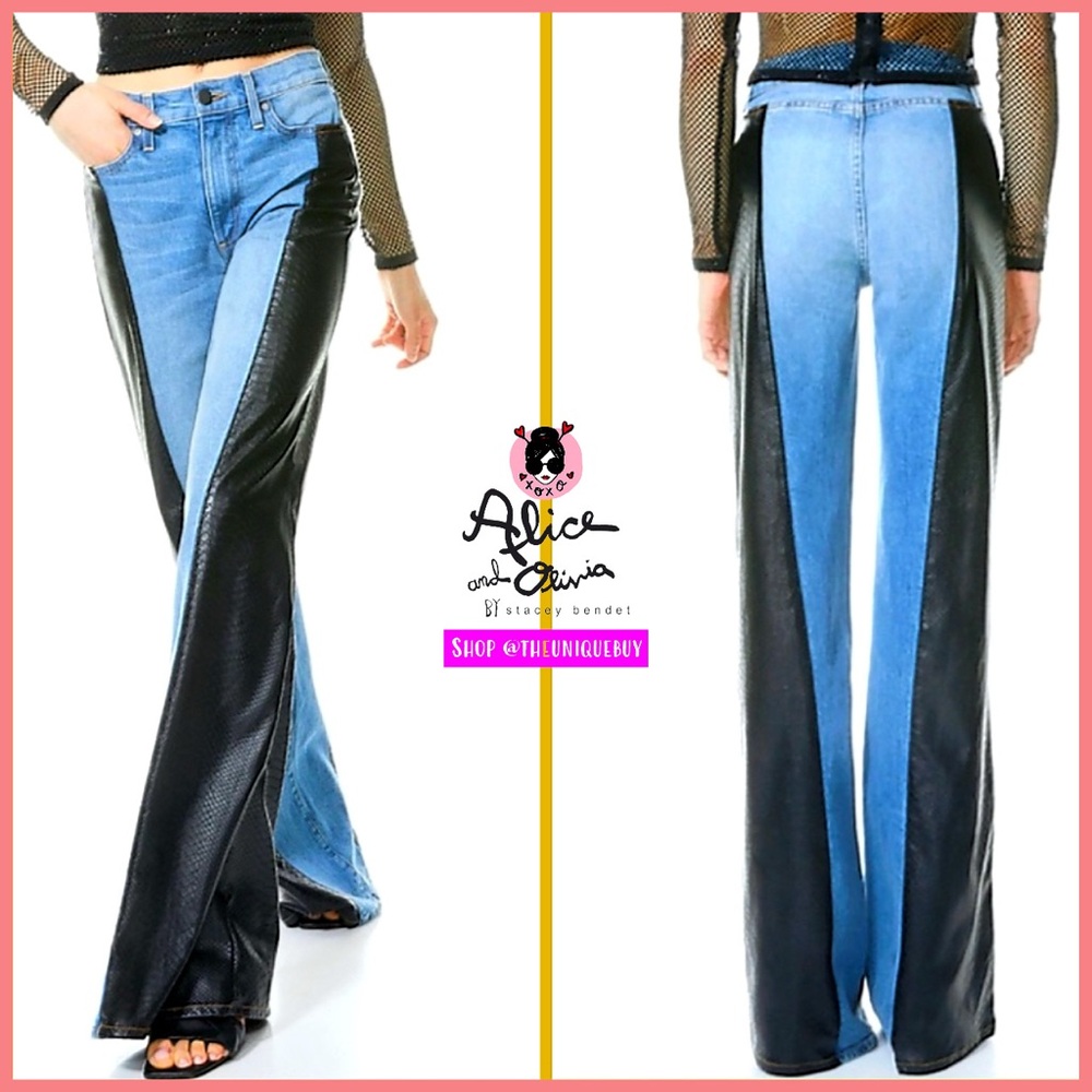 Alice + Olivia Max Vegan Leather Denim Jeans Combo Wide Leg Blue Black Pant